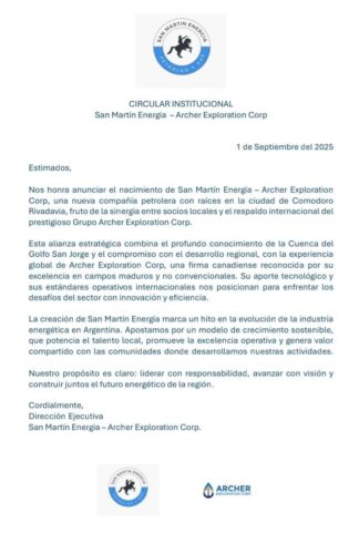 San Martín Energía-Archer Exploration Corp apuesta a adquirir Manantiales Behr